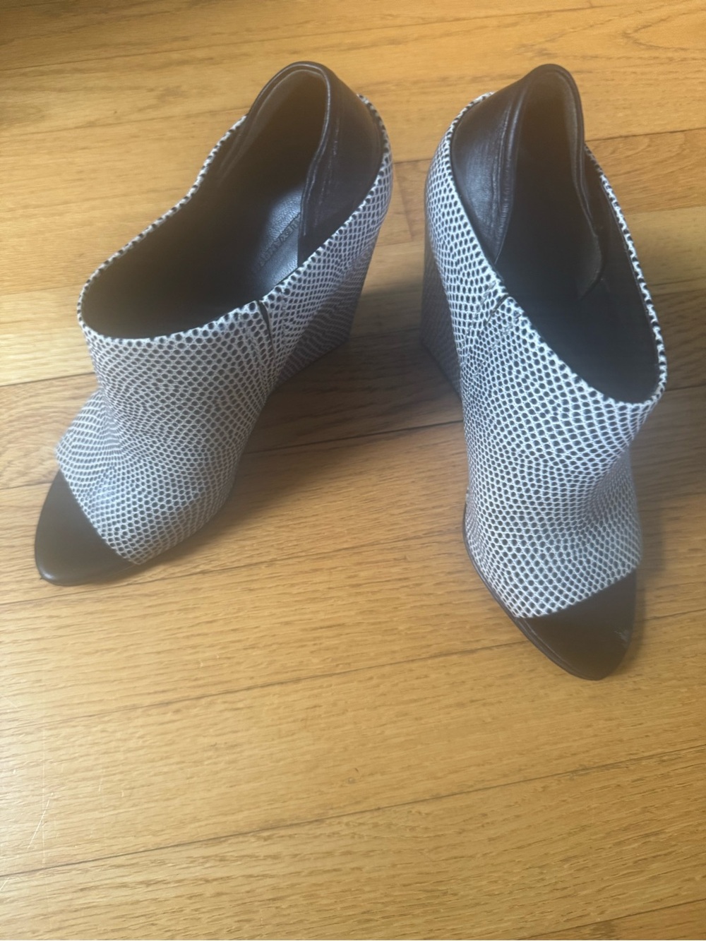Alexander Wang Women's Black and White Peep-Toe Wedge Booties Size 37